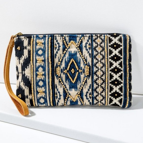 Handmade Hand Beaded Wristlet Clutch - Ethnic Inspired Design - Dyed Fine Cotton - Picture 2 of 7